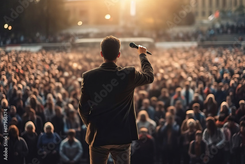 Photo of a man addressing a crowd with a microphone at a political rally