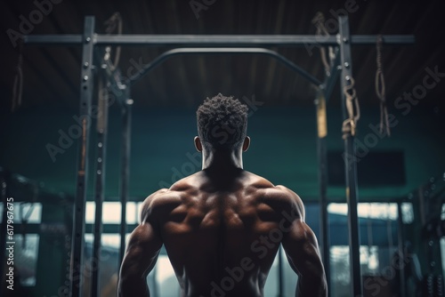 a black afro-american athlete with healthy muscular body preparing to do pullups on a horizontal bar in a gym while sweating and improving his physical body form. Generative AI