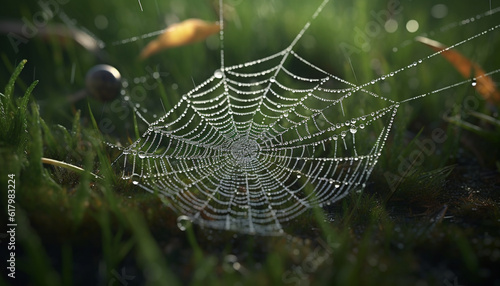 Spider spins dewy web in green meadow, autumn beauty captured generated by AI