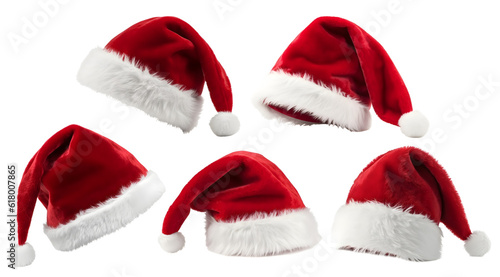 Set of red furry christmas xmas santa claus hat on transparent background cutout, PNG file. Mockup template for artwork graphic design 