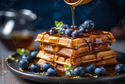 delicious waffles adorned with generous serving of juicy blueberries. To enhance their sweetness, drizzle of golden honey cascades down fluffy, creating delectable combination of flavors