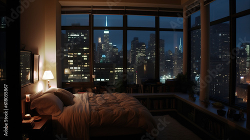 New York apartment at night with a city view
