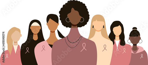 Women with ribbons. Breast cancer awareness month concept. Transparent background.