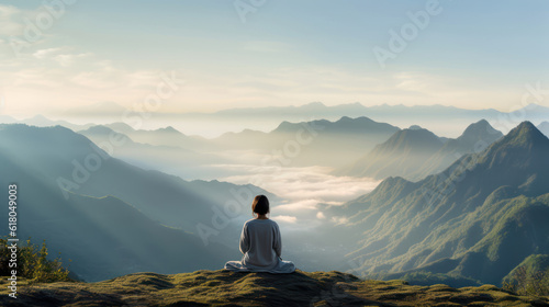 Girl sits with her back on top of a mountain, under the clouds