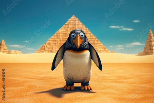 Sad penguin standing before pyramids in heats of clima change. Generative Ai.