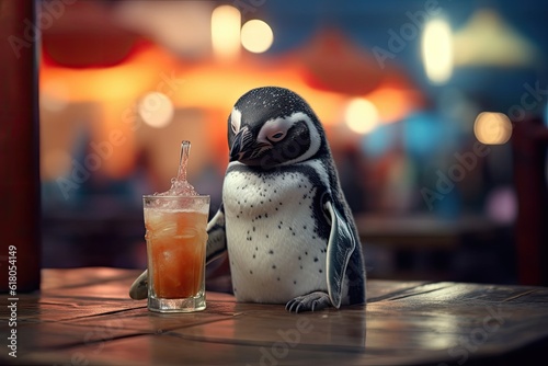 Resting young penguin drinking at beach bar cold drink, climate change. Generative Ai