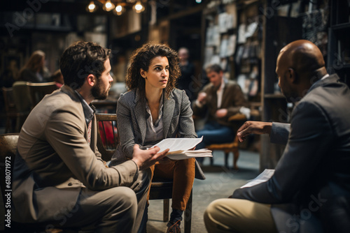 a group of individuals engaged in deep conversation and reflection, with each person representing a different stoic philosopher, highlighting the collective wisdom and shared pursu Generative AI