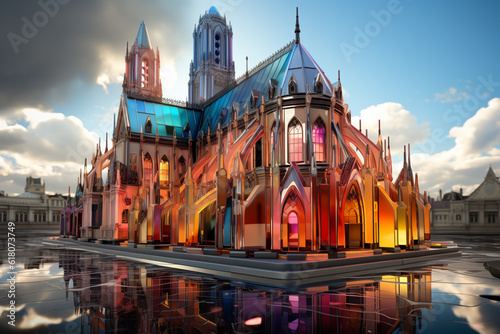 Notre-Dame Cathedral, featuring geometric shapes and bold, vibrant colors to capture the essence of its Gothic architectural elements in a modern and abstract style. Generative AI technology.