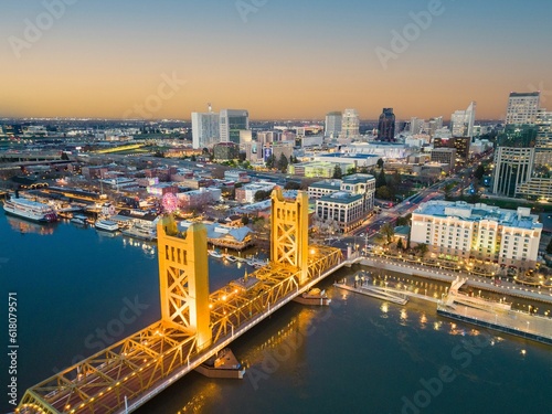 Aerial shot of the Tower Bridge spanning across the Sacramento River in California.