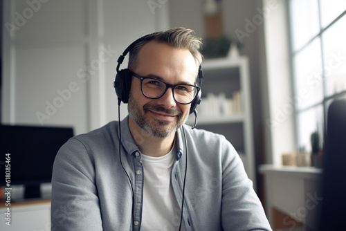 portrait of a smiling businessman in headphones. Generative Ai
