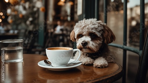 AI generated illustration of A adorable dog enjoying coffee in the cafe