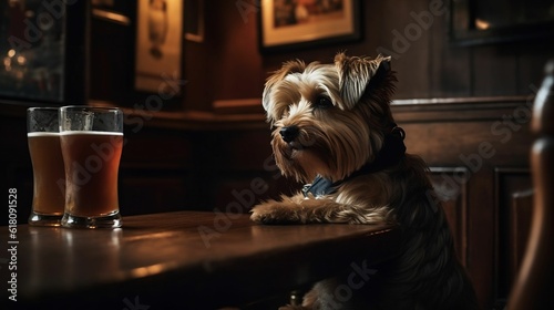 AI generated illustration of an adorable dog enjoying a cold beer in a lively pub atmosphere