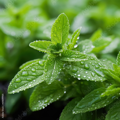 Growing stevia plant with water drops, natural sweetener