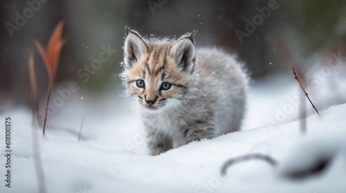  a small kitten walking through a snow covered field with tall grass. generative ai