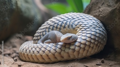  a close up of a snake curled up on a rock. generative ai