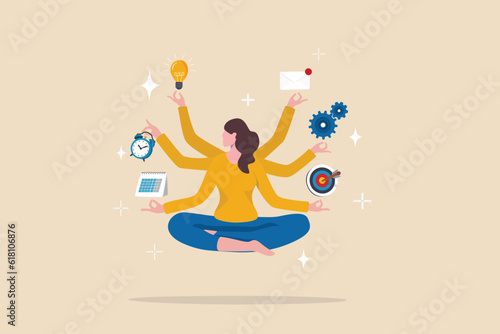 Multitasking or manage project, task or work efficiency, productivity or time management, workload balance or work responsibility concept, productive woman with multiple hands handle multitasking job.