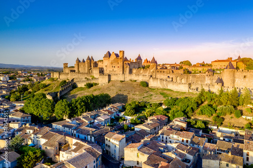 Medieval castle town of Carcassone at sunset, France