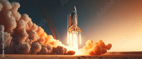 Rocket launch into space, wide banner with copy space, concept of business startup, growth, website or project design, generative ai