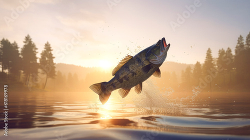 black bass (Micropterus salmoides) jumping from the water in a high mountain lake