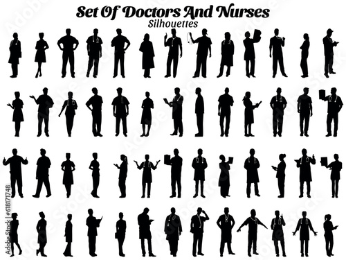 Set of doctors and nurses hospital workers silhouettes