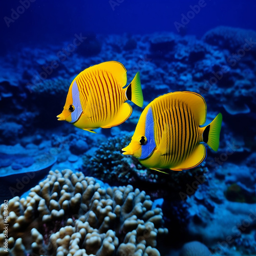 Carnivorous fish, in spectacular colors, swim in the coral reef of the blue ocean.
