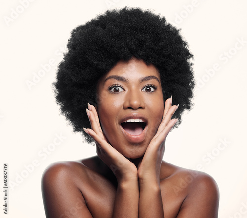 Face, wow and skincare of black woman in studio isolated on a white background. Natural cosmetics, surprise portrait and African model shocked at transformation, aesthetic or beauty in spa treatment.
