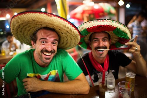 Two football fans in a sombrero have fun in a bar. Photorealistic illustration of Generative AI.