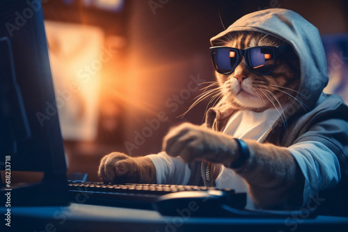Funny cat in sunglasses working on the laptop in the night. Hacker in hoodie dark theme. AI generated