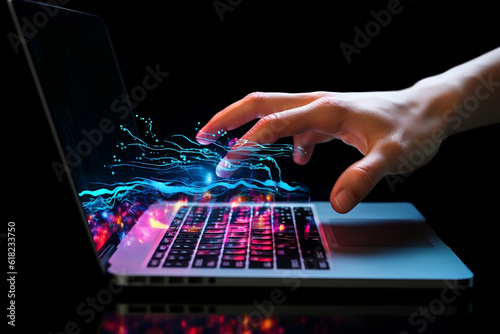 Hand and laptop with neon light on the black background. Hacker concept. AI generated