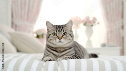 American Shorthair cat sits on white bed.Generative Ai.