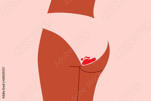 Normalizing menstruation. Concept on body positivity and period. Plus size woman in underwear with menstrual blood stain on a pink background. Flat vector illustration