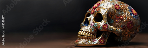 Colorful skull on black background for Day of the Dead, sugar skull decorated with floral pattern, Dia de Muertos