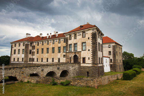 Nelahozeves Chateau, finest Renaissance castle during summer storm, Czech Republic.