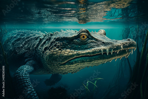A close up of an alligator in_ a body of water. Generative AI