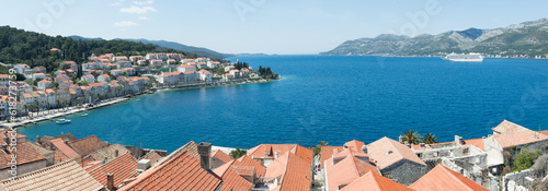 Historic town Korcula in Croatia, panoramic view from the bell tower, summer vacation on Adriatic coast