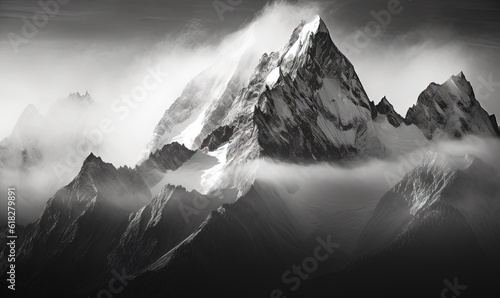  a black and white photo of a mountain range covered in fog and clouds with a black and white photo of the top of the mountain in the foreground. generative ai