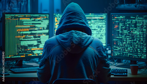 Back view hacker in hoodie working in dark neet, crypto theme neon color. Generation AI