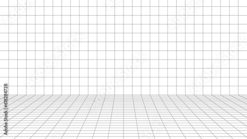 Room projection grid in futuristic 3d style. Outline futuristic grid background, room projection with floor and wall. Wireframe grid template in perspective view. Vector