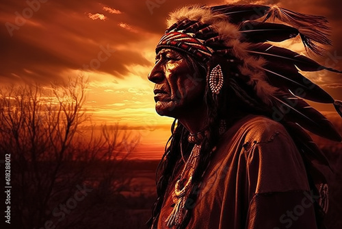 Illustration of a native american indian chief at sunset, art. Generative AI