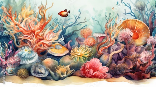Watercolor whimsical underwater world with sea creat. AI generated