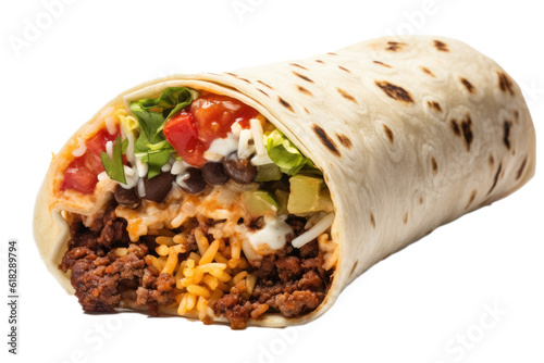 A delicious burrito filled with minced meat and vegetables, fast food, white background, isolated, generative ai