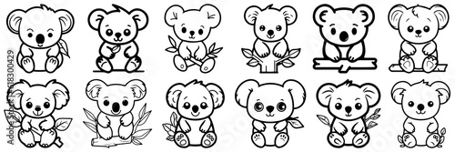 Kawaii koala silhouettes set, large pack of vector silhouette design, isolated white background