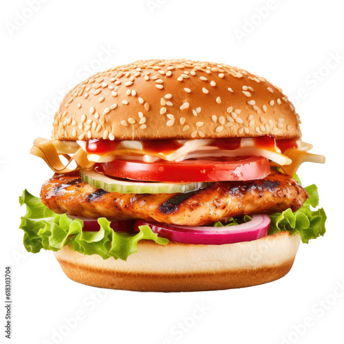 A delicious chicken burger with tomatoes and lettuce, fast food, white background, isolated, generative ai