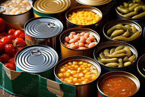 Canned food with beans, vegetables and peas