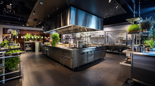 Empty restaurant kitchen with professional equipment