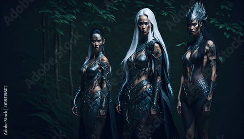 Three fantasy amazon females Ranger with tribal face paint wearing iron armor, generative AI