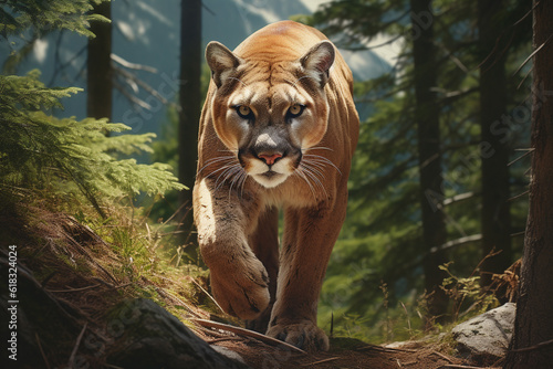 Illustration of a mountain lion or cougar in the forest. Generative AI.