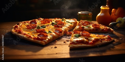 Pizza cheese and sausage blurred background, AI Generateand