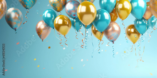 birthday party balloons with confetti and cake on light - Generative AI