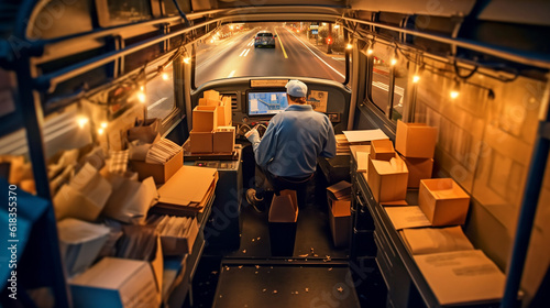 Postal worker driving a mail truck, with parcels and letters neatly organized, AI-Generated